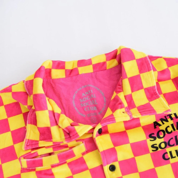 Anti Social Social Club Pink Yellow Checker Velour 2 Piece Pajamas 100% Cotton S - Picture 10 of 16